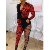lovely Sexy Print Patchwork Red One-piece Jumpsuit