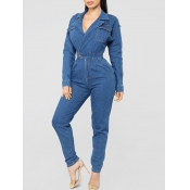 Lovely Stylish Turndown Collar Pocket Patched Blue