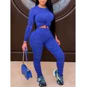 LW Leisure O Neck Fold Design Blue Two Piece Pants