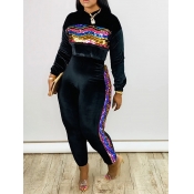 Lovely Leisure O Neck Patchwork Black Two Piece Pa