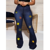 Lovely Casual Print Deep Blue Jeans