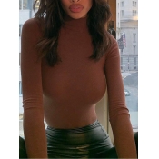 Lovely Sexy Turtleneck Skinny Brown T-shirt