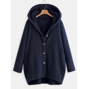 lovely Casual Hooded Collar Buttons Design Navy Bl