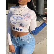 Lovely Casual Turtleneck Print White Plus Size T-s