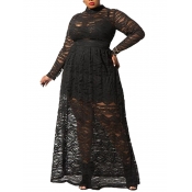 lovely Trendy O Neck Lace See-through Black Maxi P