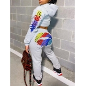 LW Hooded Collar Print Crop Top Sweatsuit Set