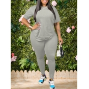 Lovely Casual O Neck Basic Grey Plus Size Two-piec