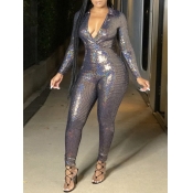 LW SXY Stylish Deep V Neck Skinny Silver One-piece