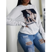 Lovely Casual O Neck Print White Hoodie