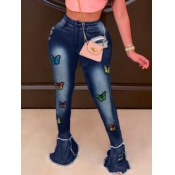 Lovely Street Butterfly Print Deep Blue Jeans