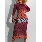 Lovely Casual O Neck Print Wine Red Mid Calf Dress