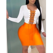 LW SXY Patchwork Bandage Design Orange Mini Dress