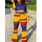 LW BASICS Plus Size Casual O Neck Rainbow Striped 