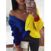 Lovely Casual V Neck Patchwork Blue Sweater