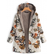 Lovely Casual Hooded Collar Plants Print White Lon