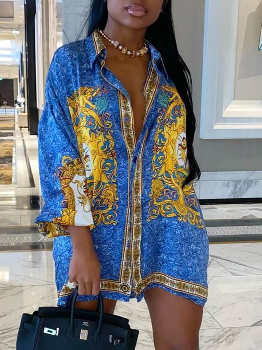 LW Turndown Collar Baroque Print Shirt Dress