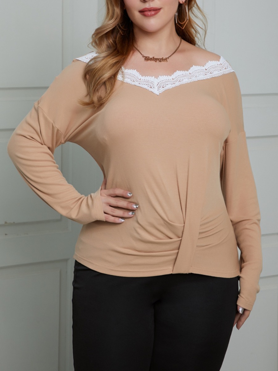 LW COTTON Plus Size V Neck Lace Trim T-shirt