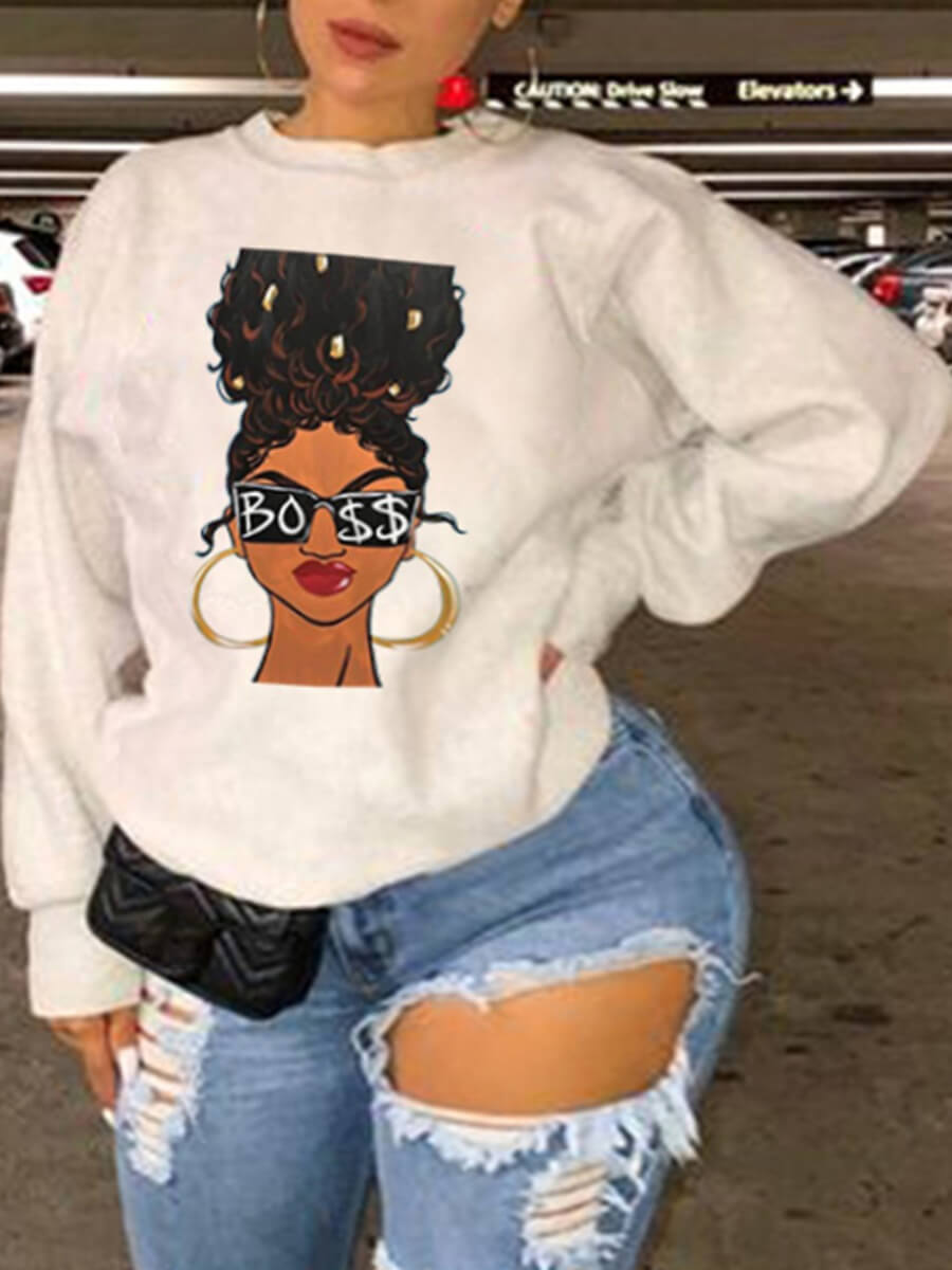 LW Plus Size O Neck Print Hoodie