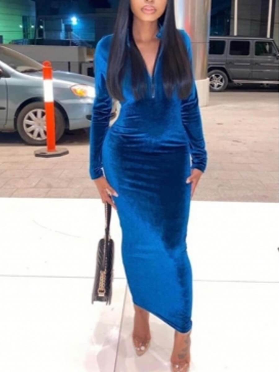 LW Casual Mandarin Collar Zipper Design Blue Ankle Length Dress