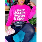 Lovely Casual O Neck Letter Print Rose Red Plus Si