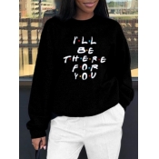 Lovely Casual O Neck Letter Print Black Hoodie