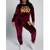 Lovely Casual O Neck Letter Print Red Plus Size Tw
