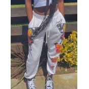 Lovely Casual Butterfly Print Loose White Pants