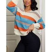 Lovely Trendy V Neck Striped Orange Sweater