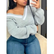 Lovely Street V Neck Patchwork Grey Sweater