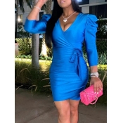 Lovely Stylish V Neck Lace-up Blue Mini Dress