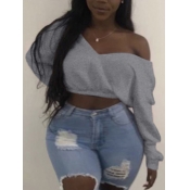 LW Plus Size Leisure V Neck Basic Grey Short Hoodi