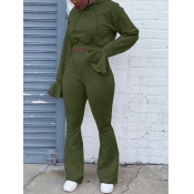 Lovely Sweet Hooded Collar Horn Sleeves Army Green