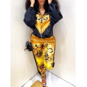 Lovely Trendy Turndown Collar Print Loose Yellow T