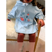 Lovely Casual Hooded Collar Print Blue Girl Hoodie