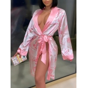 Lovely Casual Print Lace-up Pink Coat