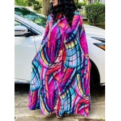 Lovely Stylish O Neck Print Loose Rose Maxi Dress