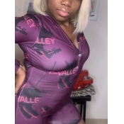 Lovely Sexy V Neck Print Violet Deep Sleepwear