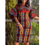 Lovely Trendy O Neck Print Patchwork Red Knee Leng