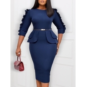 LW Trendy O Neck Patchwork Deep Blue Knee Length D