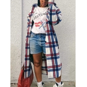 Lovely Trendy Turndown Collar Grid Print White Lon