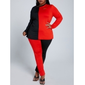 Lovely Casual O Neck Patchwork Red Plus Size Two-p