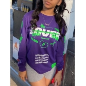 Lovely Casual O Neck Letter Print Purple Hoodie