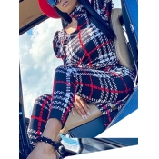 Lovely Stylish Grid Print Hollow-out Red One-piece