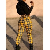 Lovely Stylish Grid Print Skinny Yellow Pants