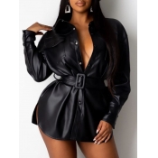 Lovely Trendy Turndown Collar Buttons Design Black