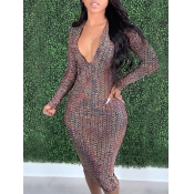 LW Deep V Neck Mixed Print Bodycon Dress