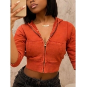 Lovely Casual Hooded Collar Zipper Design Orange C