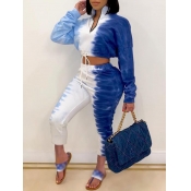 LW Tie Dye Zipper Design Crop Top Sweatshirt Set (
