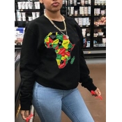 Lovely Casual O Neck Print Black Hoodie