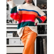 Lovely Trendy Turtleneck Rainbow Striped Loose Whi